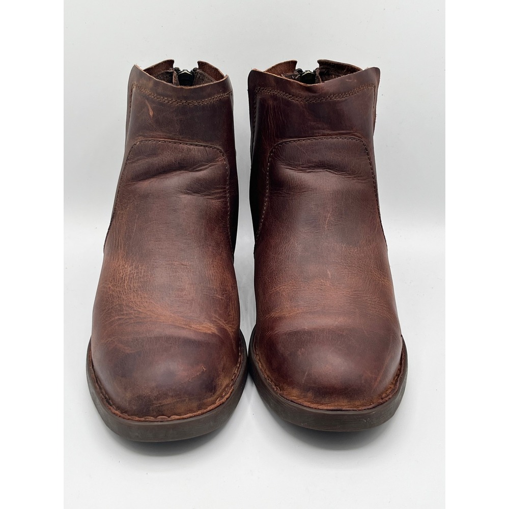 Born Women Brown Leather Ankle Boots Rear Zip Stacked Block Heel BR0063306 Sz 7M